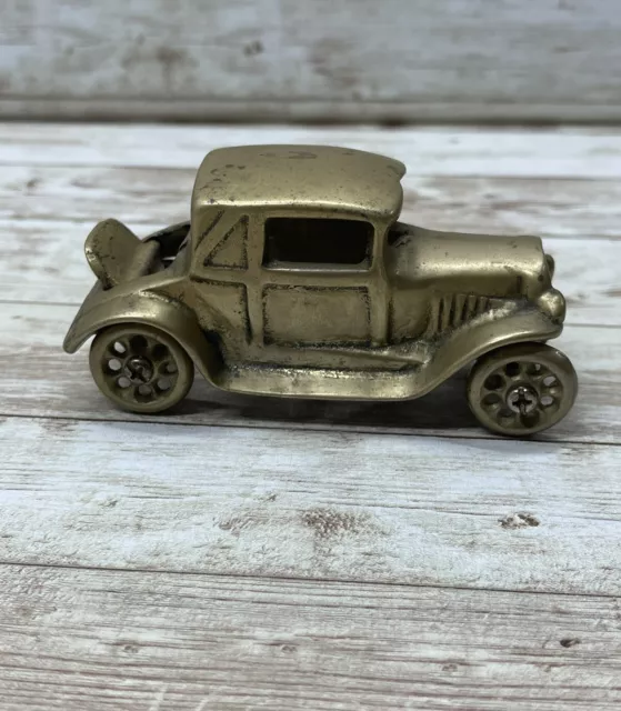 Vintage Brass Jalopy Old Car Figurine Wheels Turn Trunk Flips 41/2” Long