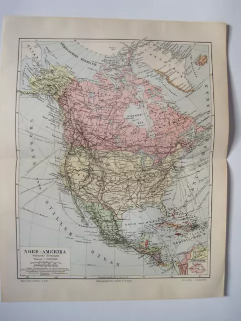 Alte Landkarte  NORD-AMERIKA "Politische Übersicht". Original um 1900