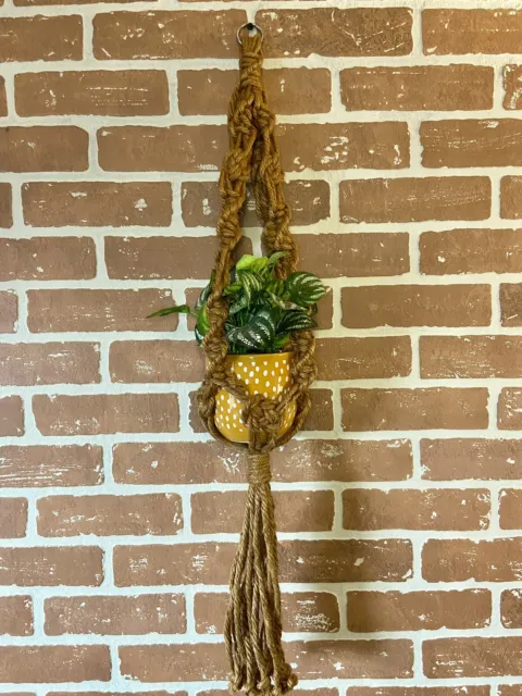 Vintage 70s Braided macrame plant hanger 33” Handmade Boho Retro Jute Brown