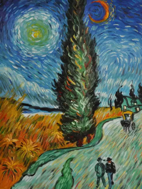 V.van Gogh - Strada Con Cipresso E Stelle Olio Su Tela Falso D'autore - Vg34004A