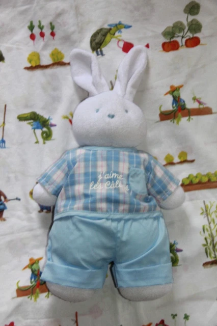 DOUDOU PELUCHE KLORANE LAPIN j'aime les câlins BLANC EPONGE BLEU COM NEUF