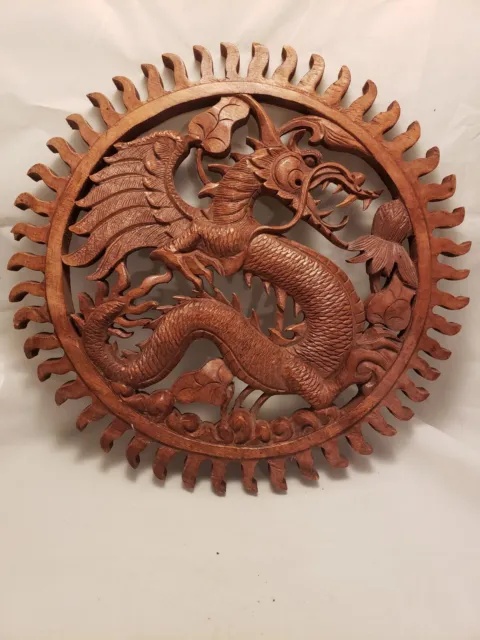 Balinese Dragon Wall Art Relief Round Panel Hand Carved Wood Decor New