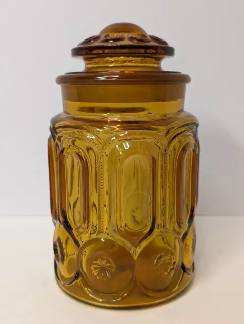 Large Vintage LE Smith Moon and Stars Amber Glass Canister Jar w/ Lid Minor Chip