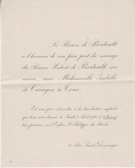 1910 Faire-part mariage Hubert de BERTOULT & Isabelle de CARAYON-LA TOUR.