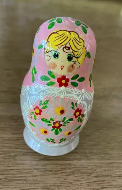 Vintage Russian Wood Nesting Doll 5 Girls Pink