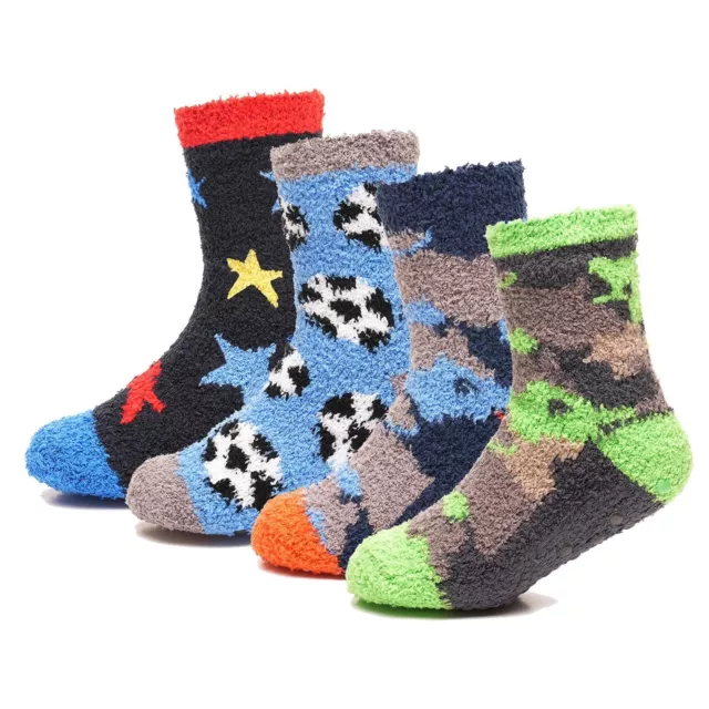 Kids Boys Soft Fluffy Slipper Socks Warm Winter Non Skid Gripper Cosy Socks