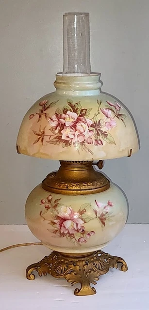 Antique Electrified Oil Kerosene Lamp Hand Painted Floral Parlor Lamp GWTW