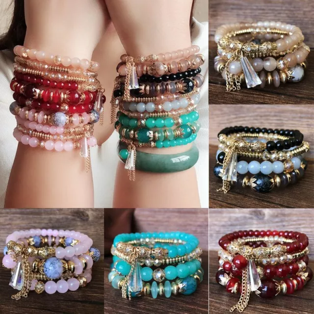 Multi-layer Crystal Bead Tassel Bracelet Set Cuff Bangle Women Boho Jewelry Gift