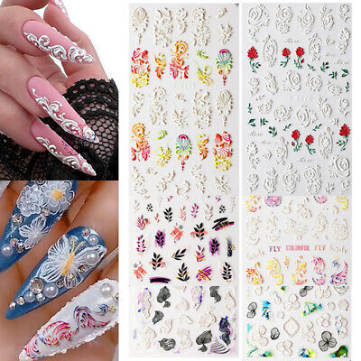 5D pegatina para uñas blanca rosa rosa en relieve flores pegatina para uñas manicura hágalo usted mismo ~