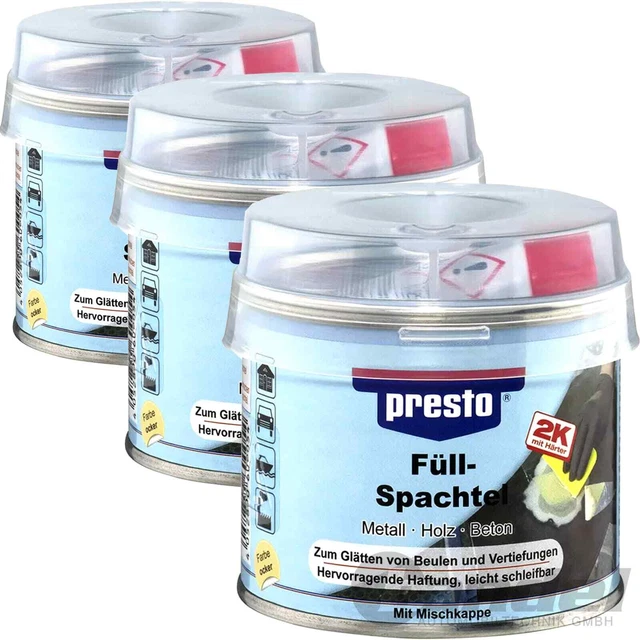 3x250g PRESTO 2K SPATOLA DI RIEMPIMENTO POLIESTERE INDURENTE UNIVERSALE LEGNO METALLO CEMENTO