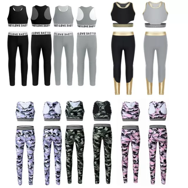 Kids Girls Tank Crop Bra Top Leggings Ballet Dance Gymnastics Athletic Outfits