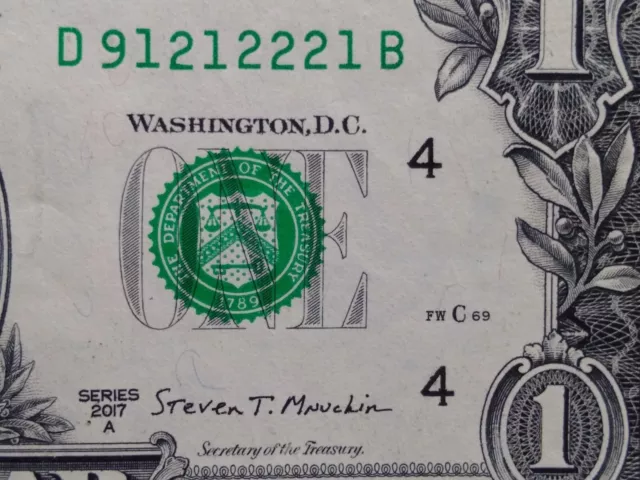 Trinary Fancy Serial Number One Dollar Bill D91212221B 1s2s9s Four of Kind