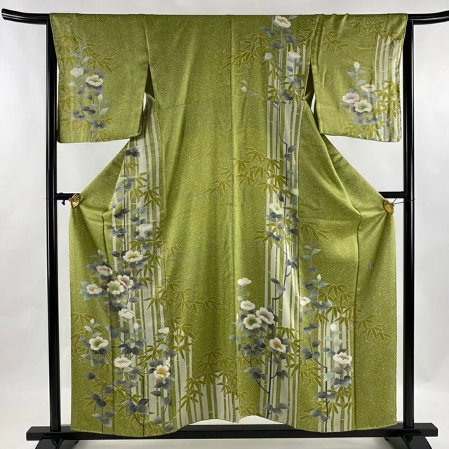 Woman Japanese Kimono Houmongi Silk Flowers Bamboo Gold Thread Matcha Green