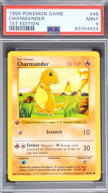 TR1 Pokemon TCG 1999 Charmander 1st Edition Shadowless Base Set 46/102 PSA 9