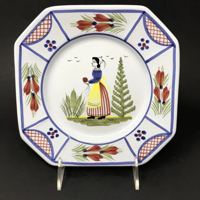 Henriot Quimper Faience Pottery Mistral Blue Salad Plate Woman Octagonal 7 1/4"