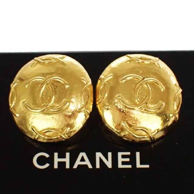 CHANEL CC Logo XL Button Earrings Clip-On GHW France Vintage Accessory 32YD768