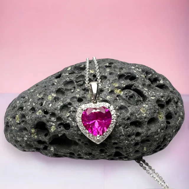 Lab Made Bright Pink Sapphire Heart Pendant Sterling Silver 925