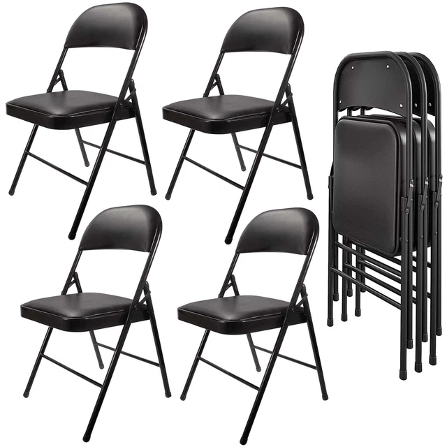 4 Pack, Sturdy Padded Seat Folding Chair PU Leather Indoor/Outdoor Use, Black