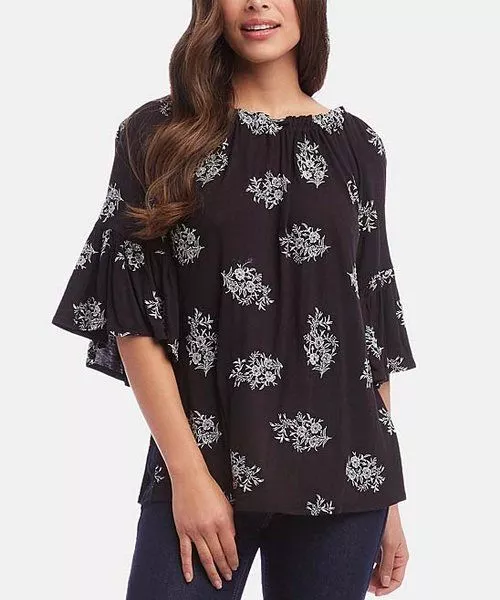 MSRP $118 Karen Kane Black Floral Bell-Sleeve Boatneck Top Size XS NWOT