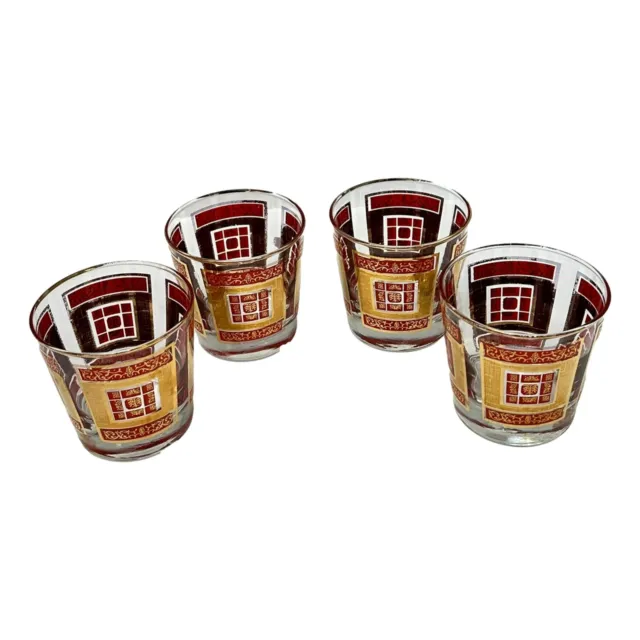 Libbey Red Gold Vintage Whiskey Glasses Lot 4 Low Ball 1960s
