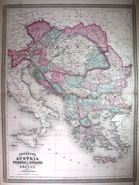 Old Antique 1872 A.J. Johnson Atlas Map ~ AUSTRIA TURKEY GREECE (XLG18x26)-#1025
