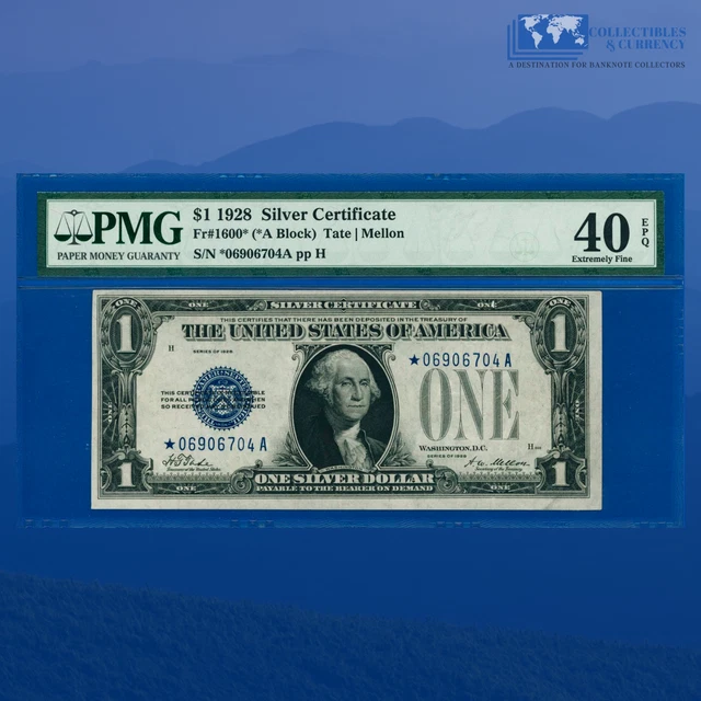 Fr.1600* 1928 $1 Silver Certificate Star Note, "FUNNYBACK", PMG 40 EPQ #06704