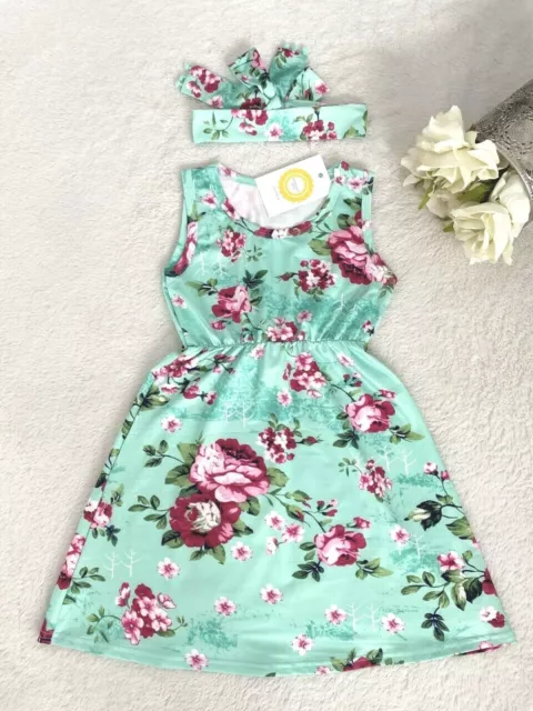 size 4-5 years girls dress new green pink floral tank dress & headband set