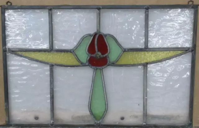 OLD ENGLISH LEADED STAINED GLASS WINDOW Unframed w Hooks Floral 20" x 13.25"
