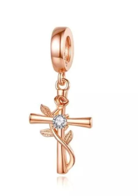 ROSE CROSS s925 Sterling Silver Rose Gold Charm by Charm Heaven NEW