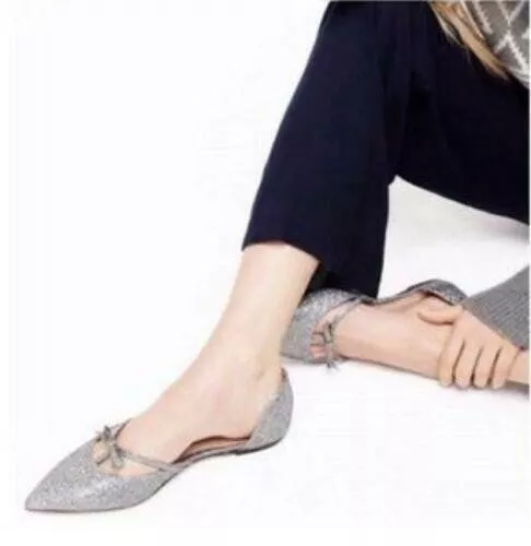 J. Crew Sloan Glitter D'Orsay Flats with mini bow - Silver Metallic - Size 6 2