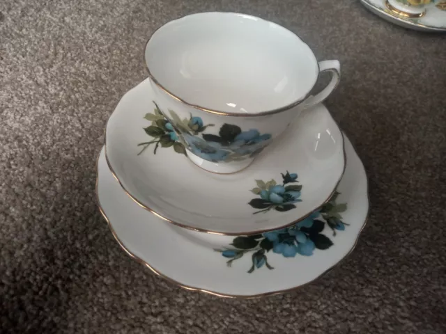 Vintage Royal Vale Blue Flowers English Bone China. Tea Cup Saucer Plate Ridgway