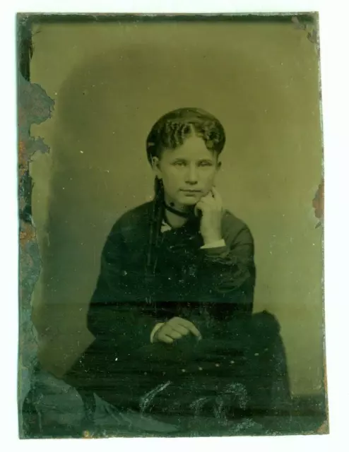 Antique, 1870's Tintype Photo, 08, Young Lady in the studio, 2.5" x 3.5"