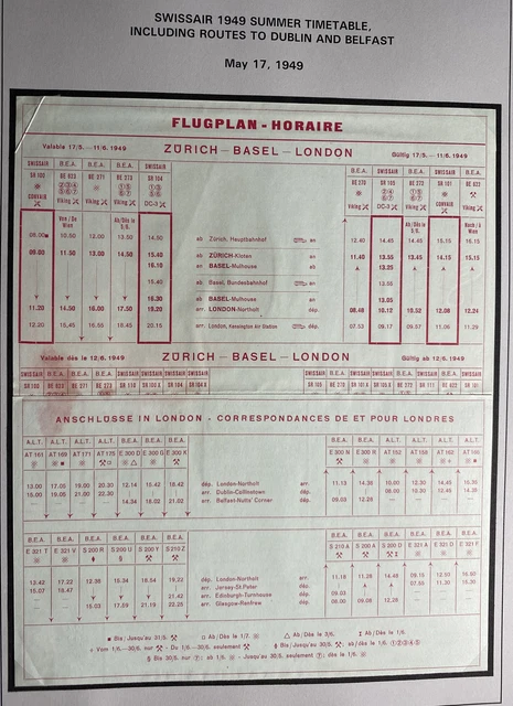 Swissair Summer Time Table Information Brochure Services 1949