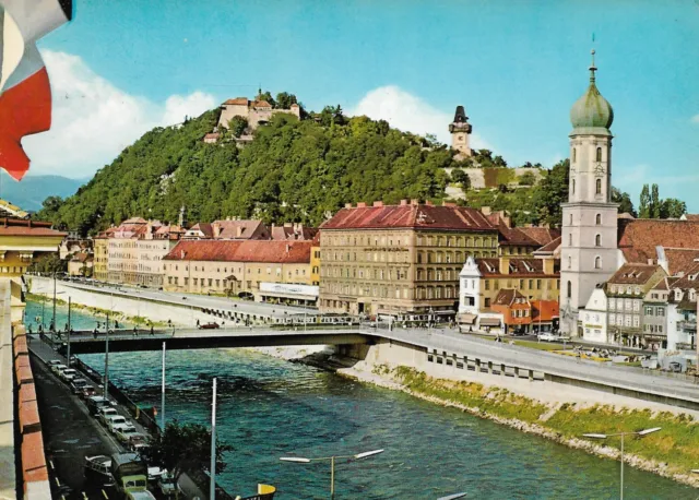 Austria - Graz  -  Erzherzog-Johann-Brücke mit Mur und Franziskanerkirche - 1974
