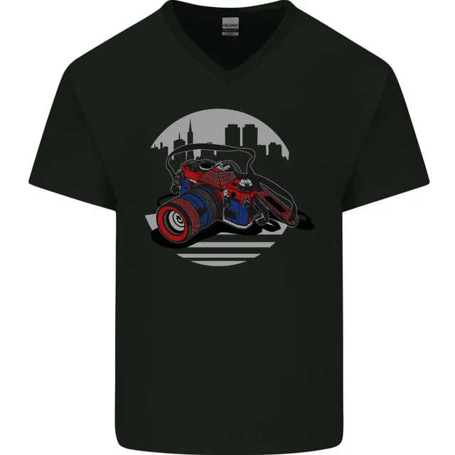 T-shirt da uomo scollo a V cotone con fotocamera supereroe