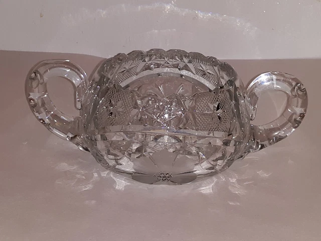 CUT CLEAR Vintage LEAD CRYSTAL GLASS Double Handled Sawtooth Edged SUGAR BOWL