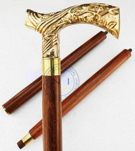Vintage Designer Victorian Brass Handle Antique Solid Wooden Walking Stick Cane