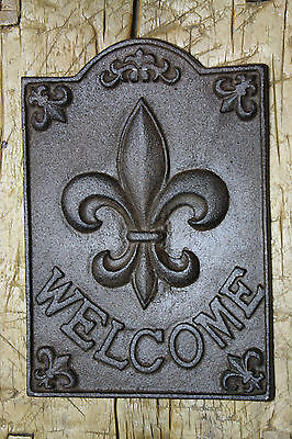 Large Cast Iron FLEUR DE LIS WELCOME Plaque Finial Garden Sign Home Decor