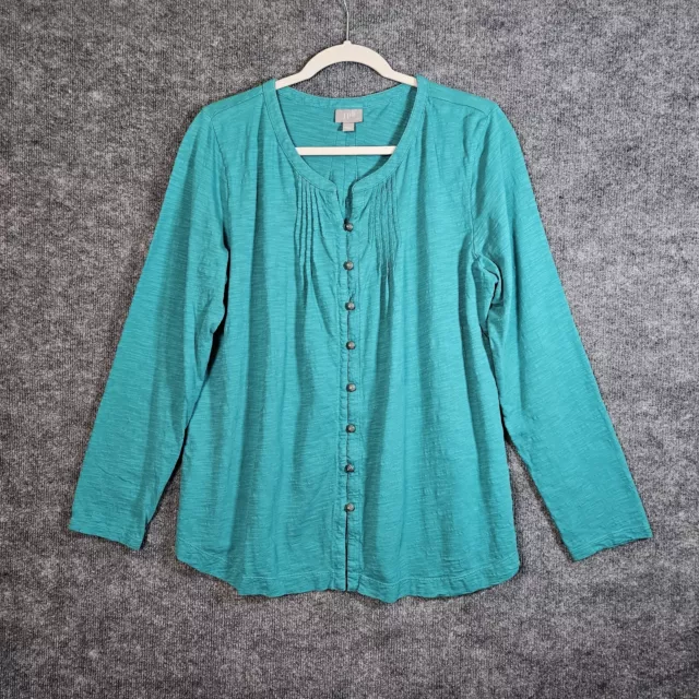 J Jill Knit Shirt Womens L Teal Green Pleated Long Slv Cotton Button Up Stretchy