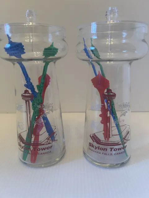 2 VTG Skylon Tower Niagara Falls Canada Souvenir Glass W/Top Swizzle Stir Sticks