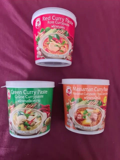 3er Set Cock Curry Paste 3 x 400g Orange - Grün - Rot Thai rote gelbe Currypaste