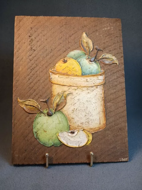 Vtg 70s Handpainted Oil On Panel Signed 3-D Bas Relief apples Crock Blue Yellow