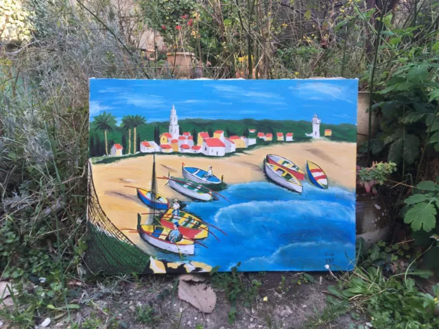 Tableau Peinture sur toile Signé - La mer - Pêcheurs - Bateaux