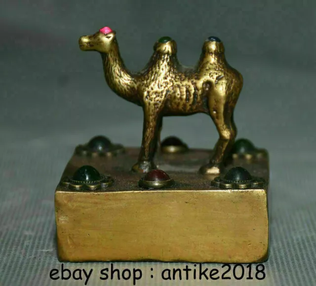 2.6" Antique Old Chinese Copper Inlay Gem Dynasty camel llama Seal Stamp Signet