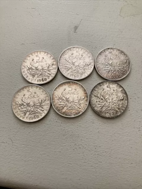 Lot de 6 pièces de 5 francs en argent ( semeuse ).1960 Et 1963