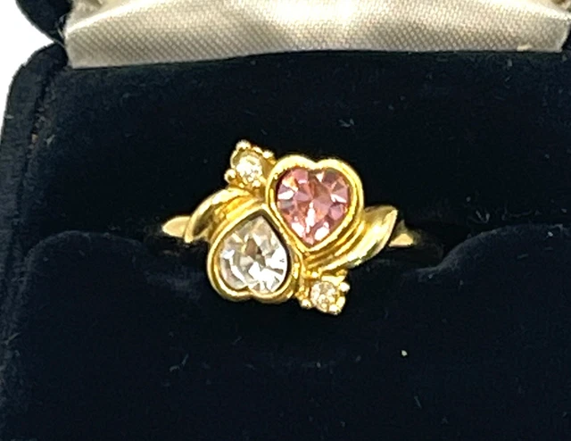 Vtg Estate AVON Rhinestone Cocktail Ring Double Hearts Pink Clear Sz 9 3/4 GT Vtg Estate AVON Rhinestone Cocktail Ring Double Hearts Pink Clear Sz 9 3/4 GT
