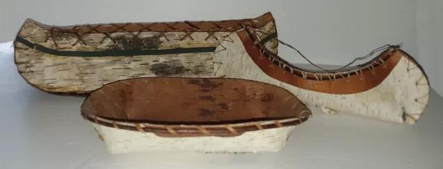 Boats Canoes Birch Tree Bark 3 Handmade Native American Birchbark Models Decor