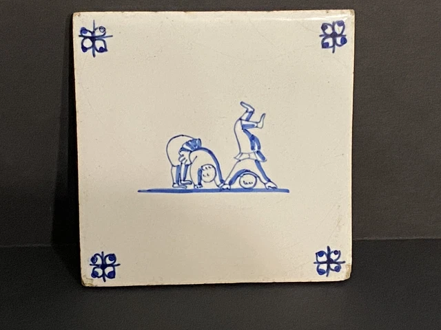 Antique Dutch Delft Porcelain Porceleyne Tile 5” Hand painted Acrobat Performer