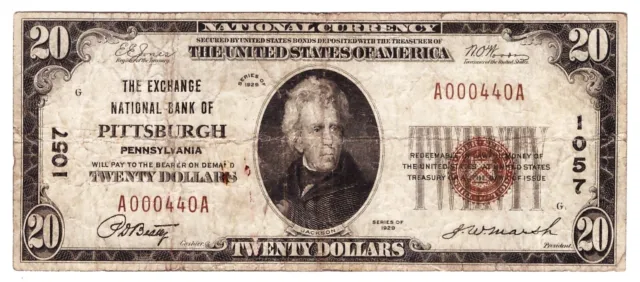 1929 Exchange National Bank of Pittsburgh Twenty Dollar $20 Currency Note A14