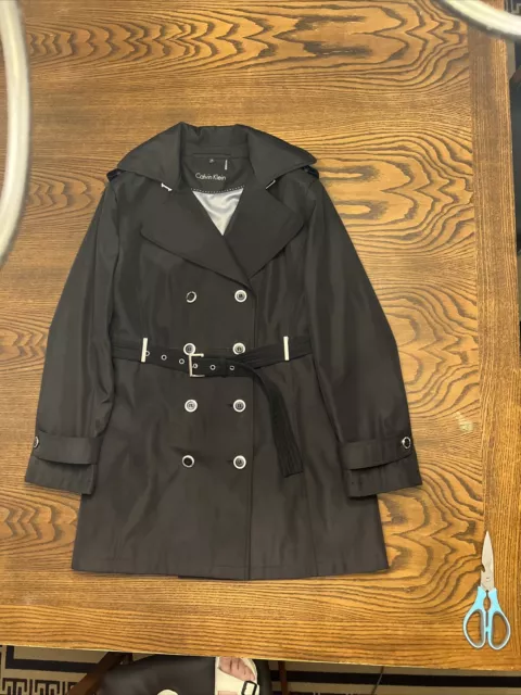 Women’s Black Double Breasted Calvin Klein Trench Coat Size XL
